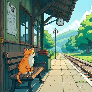 A countryside train station with a cat waiting on a bench. Rendered in Studio Ghibli animation style with Miyazaki's watercolor backgrounds and hand-drawn quality. - Reve Reve Image (Halfmoon)