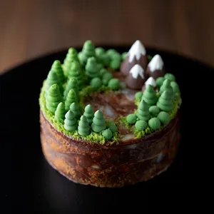 A dessert cake that looks like a tiny planet, complete with miniature trees and mountains, photographed in a professional food photography style with tilt-shift focus effect. - Reve Reve Image (Halfmoon)