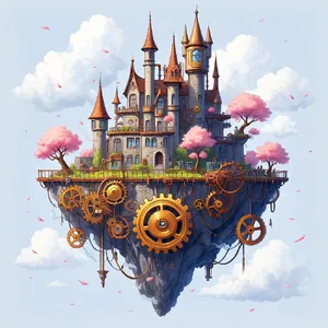 A floating steampunk castle in the sky with intricate mechanical gears and cherry blossom trees, illustrated in Hayao Miyazaki's Castle in the Sky (1986) art style with watercolor textures and detailed line work. - Reve Reve Image (Halfmoon)