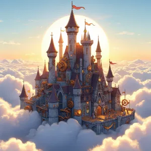 A flying castle floating in clouds at sunrise. Match the visual aesthetic of 'Howl's Moving Castle' by Studio Ghibli, with Miyazaki's blend of steampunk elements and fantasy. - Reve Reve Image (Halfmoon)