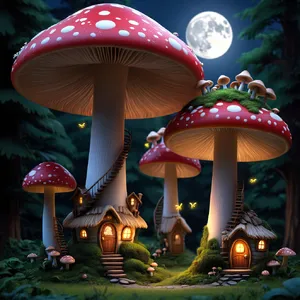 A forest of giant mushrooms with houses built on top of them, rendered in a whimsical Studio Ghibli-inspired art style with vibrant colors and fantastical details. - Reve Reve Image (Halfmoon)