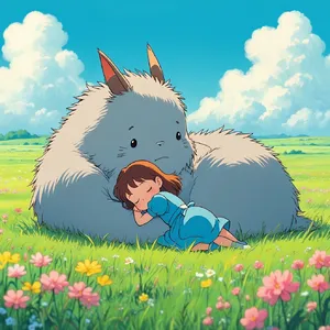 A girl and a giant fluffy creature napping in a wildflower meadow. Reproduce the art style of 'My Neighbor Totoro' by Studio Ghibli, with Miyazaki's soft character designs. - Reve Reve Image (Halfmoon)