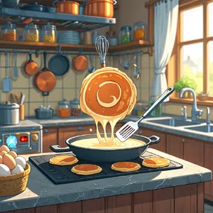 A kitchen with magical cooking implements preparing breakfast. Duplicate the artistic style of Studio Ghibli's domestic scenes, with Miyazaki's detailed settings and warm lighting. - Reve Reve Image (Halfmoon)
