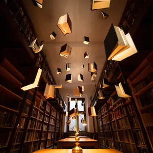 A library where the books are glowing and floating in mid-air, illustrated in a magical realism style with dramatic lighting and rich atmospheric colors. - Reve Reve Image (Halfmoon)