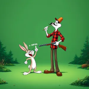 A Looney Tunes-inspired cartoon scene of a clever rabbit tricking a hunter. - Reve Reve Image (Halfmoon)