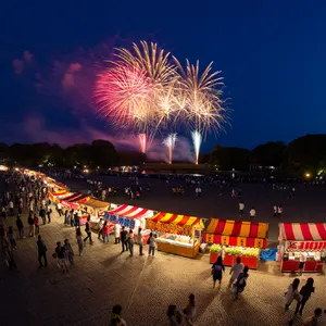 A nighttime festival with fireworks in the sky, food stalls lined up, and crowds mingling. - Reve Reve Image (Halfmoon)