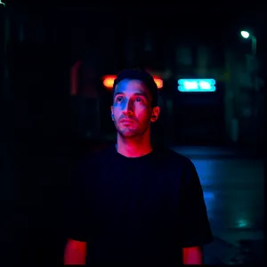 A nighttime portrait of a man lit by neon signs on a city street. - Reve Reve Image (Halfmoon)