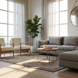 A photorealistic interior of a modern Scandinavian-style living room with natural light streaming through floor-to-ceiling windows. Show detailed wood textures, fabric materials, and proper light reflections. - Reve Reve Image (Halfmoon)