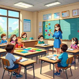 A school classroom of children and a teacher, each student engaged in a different activity. - Reve Reve Image (Halfmoon)
