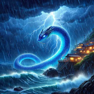 A sea creature rising from a stormy ocean near a village. Replicate the visual style of 'Ponyo' by Studio Ghibli, with Miyazaki's fluid water animations and vibrant creatures. - Reve Reve Image (Halfmoon)