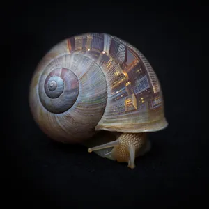 A snail whose shell contains a miniature city skyline, depicted in a hyperrealistic macro photography style with intricate architectural details and ambient lighting. - Reve Reve Image (Halfmoon)