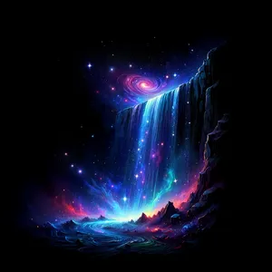 A waterfall that pours out stars and galaxies instead of water, illustrated in a cosmic fantasy style with vibrant space colors and dramatic lighting effects. - Reve Reve Image (Halfmoon)