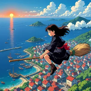 A young witch flying on a broomstick above a coastal town at sunset. Exact art style of 'Kiki's Delivery Service' by Studio Ghibli, with Miyazaki's character design and warm colors. - Reve Reve Image (Halfmoon)