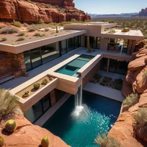 Aerial view of a modernist desert home, in the style of Frank Lloyd Wright's Fallingwater but adapted to desert conditions. Show integration with rocky landscape and water features. - Reve Reve Image (Halfmoon)