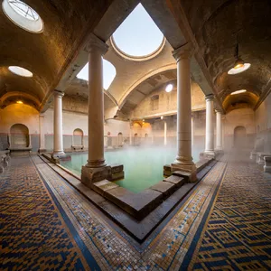 An ancient Roman bathhouse interior with accurate architectural details - marble columns, mosaic floors, arched ceilings, and steam rising from pools. Natural light from oculus openings. - Reve Reve Image (Halfmoon)