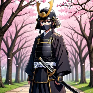 An anime-style portrait of a samurai standing under pink cherry blossoms. - Reve Reve Image (Halfmoon)