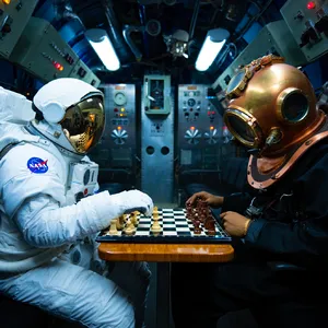 An astronaut and a deep-sea diver playing chess together inside a submarine. - Reve Reve Image (Halfmoon)
