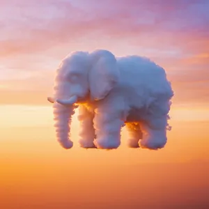 An elephant made of clouds floating in a sunset sky, rendered in a surrealist photorealistic style with ethereal golden lighting and atmospheric depth. - Reve Reve Image (Halfmoon)
