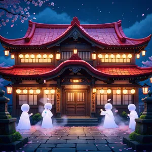 An enchanted bathhouse with glowing lanterns and spirits. Recreate the visual style of 'Spirited Away' by Studio Ghibli, with Miyazaki's ornate architecture and magical atmosphere. - Reve Reve Image (Halfmoon)