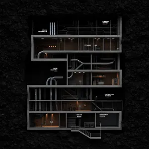 Cross-section rendering of a multi-level underground bunker with different functional areas, structural support systems, ventilation, and power generation facilities visible. - Reve Reve Image (Halfmoon)