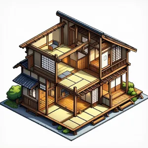 Cutaway architectural drawing of a traditional Japanese machiya townhouse showing all rooms and structural elements. Include accurate proportions, traditional joinery, and typical spatial organization. - Reve Reve Image (Halfmoon)