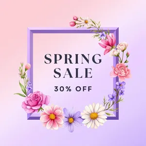 Instagram post graphic: 'SPRING SALE 30% OFF'. Floral background, pastel colors, elegant serif font style visually integrated. - Reve Reve Image (Halfmoon)