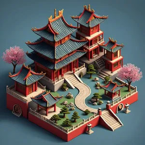 Isometric architectural illustration of an ancient Chinese temple complex showing multiple pavilions, gardens, and ceremonial spaces. Include proper roof structures and traditional ornamentation. - Reve Reve Image (Halfmoon)