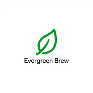 Minimalist logo for a sustainable coffee brand 'Evergreen Brew', single leaf motif, clean lines, vector style, white background. 'Evergreen Brew' contained as text in logo - Reve Reve Image (Halfmoon)