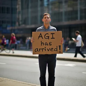 Photorealistic daytime street photograph, clearly showing a man standing still on a busy urban street corner holding a rectangular cardboard sign clearly facing camera, handwritten bold black marker text clearly readable as 