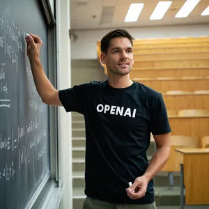 Photorealistic depiction of a man wearing a clearly visible black OpenAI-branded T-shirt. He is standing at the front of a university lecture hall, writing complex mathematics and AI-related equations across a large, dusty chalkboard filled with notation - Reve Reve Image (Halfmoon)