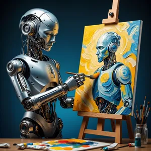 Photorealistic image of a robot painting a realistic self-portrait (i.e. the robot) on canvas, mimicking Van Gogh’s art style; clear, realistic metallic textures and painting details visible - Reve Reve Image (Halfmoon)
