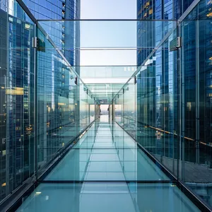 Photorealistic rendering of a contemporary glass skybridge between two skyscrapers, seen from inside with city views visible through glass walls and floor. Show accurate reflections and structural details. - Reve Reve Image (Halfmoon)