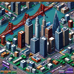 Pixel art cityscape of San Francisco in the iconic SimCity 2000 style, isometric view, detailed skyscrapers, residential areas, clearly identifiable Golden Gate Bridge, Coit Tower, Transamerica Pyramid, surrounded by the classic SimCity 2000 UI elements - Reve Reve Image (Halfmoon)