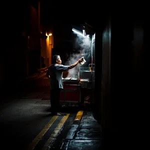 Rain-slicked Singapore street, 3 AM. A lone elderly hawker cleans his cart under one flickering fluorescent light. Steam rises gently. Low-angle shot, photorealistic - Reve Reve Image (Halfmoon)