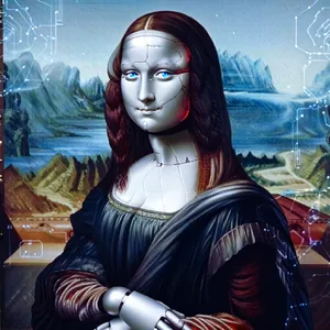 The Mona Lisa reimagined as a futuristic android, rendered in a digital art style that preserves Da Vinci's composition while incorporating sleek cyberpunk aesthetics and technological elements. - Reve Reve Image (Halfmoon)