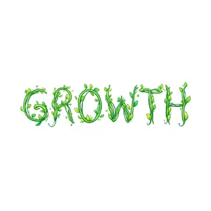 The word 'GROWTH' visualized using stylized plant vines organically forming the letters, green tones, white background, graphic design. - Reve Reve Image (Halfmoon)