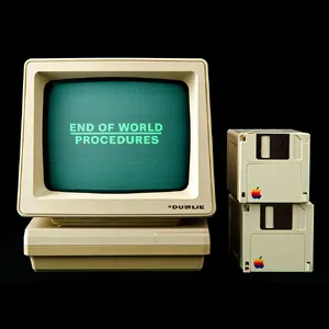 Vintage Apple II computer with green monochrome CRT screen, displaying 'END OF WORLD PROCEDURES' in green text. Two external floppy drives stacked on the right, labeled disk II with rainbow Apple logos. Beige casing, black background, retro aesthetic. - Reve Reve Image (Halfmoon)