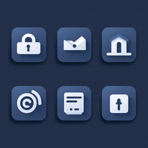 Set of 5 consistent flat design icons for a mobile banking app: 'Home', 'Transfer', 'Account', 'Scan QR', 'Settings'. Monochrome dark blue. - Midjourney Midjourney V6.1