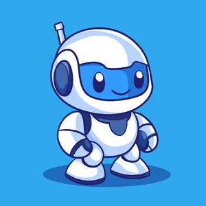Simple flat vector mascot: friendly smiling robot character 'HelperBot', approachable design, primarily blue and white. - Midjourney Midjourney V6.1