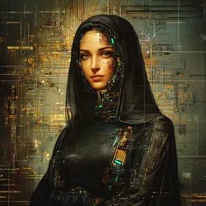 The Mona Lisa reimagined as a futuristic android, rendered in a digital art style that preserves Da Vinci's composition while incorporating sleek cyberpunk aesthetics and technological elements. - Midjourney Midjourney V6.1