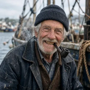 A 4K photo of an old fisherman with a weathered face and a pipe, grinning. - XAI Grok Imagine 2.0