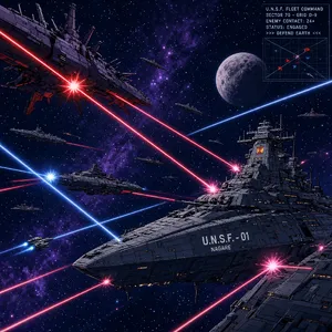 A 90s anime-style space battle scene with giant starships and laser beams. - XAI Grok Imagine 2.0
