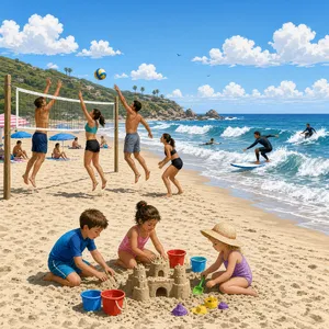 A beach scene: adults playing volleyball, kids building sandcastles, and surfers riding waves. - XAI Grok Imagine 2.0