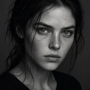 A black and white close-up portrait of a freckled woman with an intense gaze. - XAI Grok Imagine 2.0