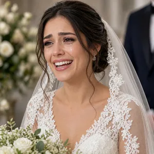 A bride on her wedding day, smiling with tears of joy in her eyes. - XAI Grok Imagine 2.0