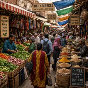 A bustling market scene with dozens of people buying and selling goods. - XAI Grok Imagine 2.0
