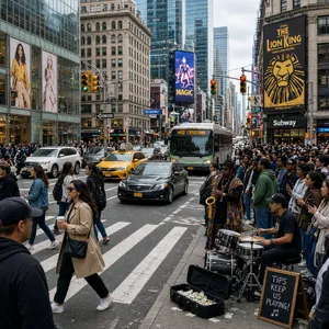 A busy city intersection with cars, pedestrians, and street performers all in one frame. - XAI Grok Imagine 2.0