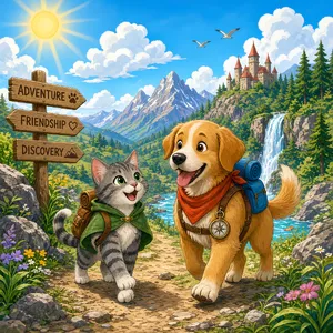 A cartoon of a cat and a dog on an adventure, drawn in a colorful 2D style. - XAI Grok Imagine 2.0