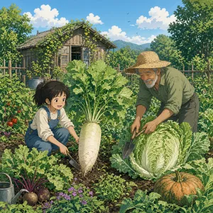 A child and elder tending oversized vegetables in a garden. Reproduce the artistic style of Studio Ghibli, with their distinctive character proportions and detailed plant illustrations. - XAI Grok Imagine 2.0