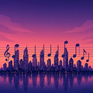 A city skyline that forms the shape of musical notes on a staff, created in a stylized graphic design aesthetic with clean architectural lines and dramatic twilight colors. - XAI Grok Imagine 2.0